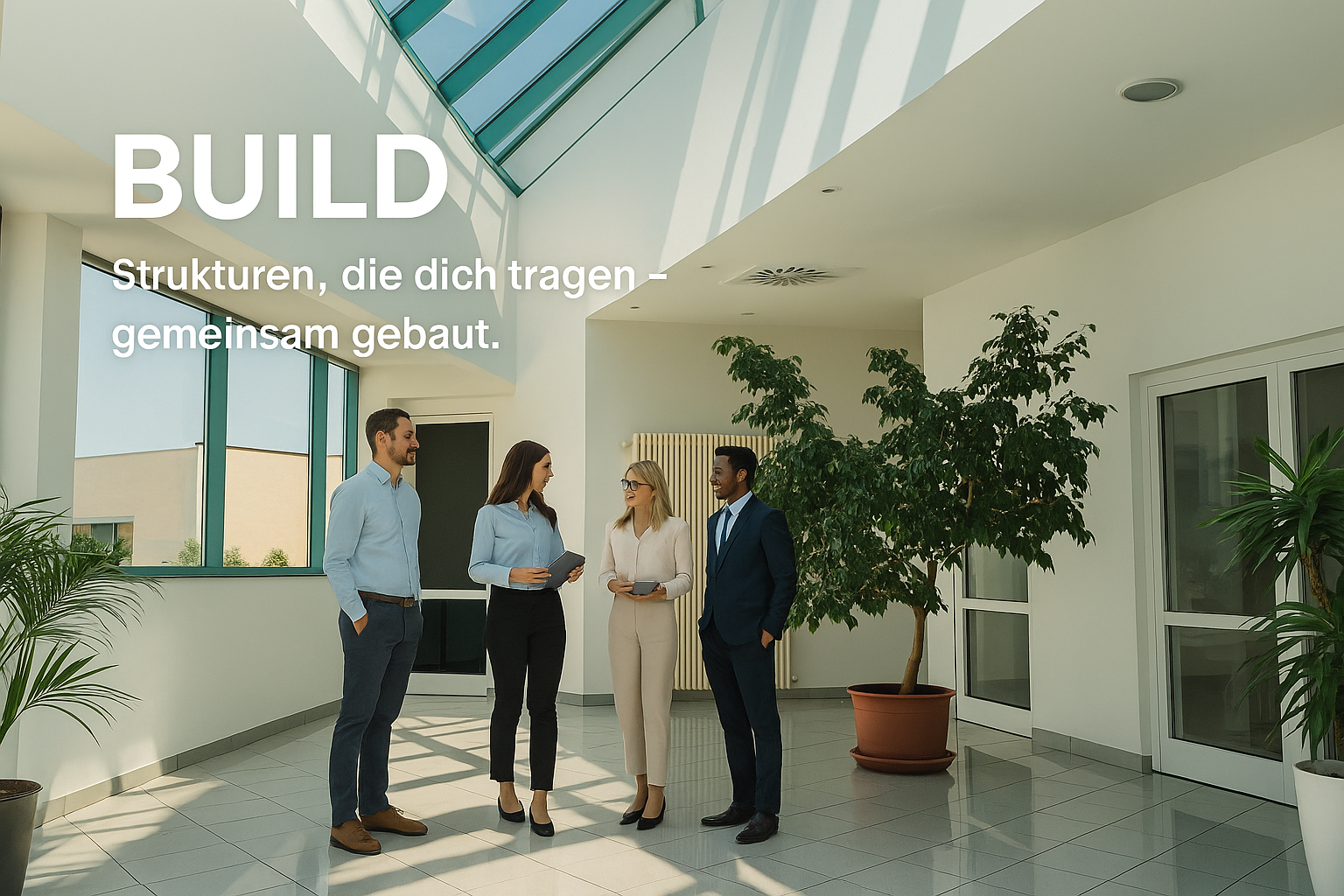 Heller Atriumraum mit Pflanzen und Lichtspiel – einladend, modern, wachsend