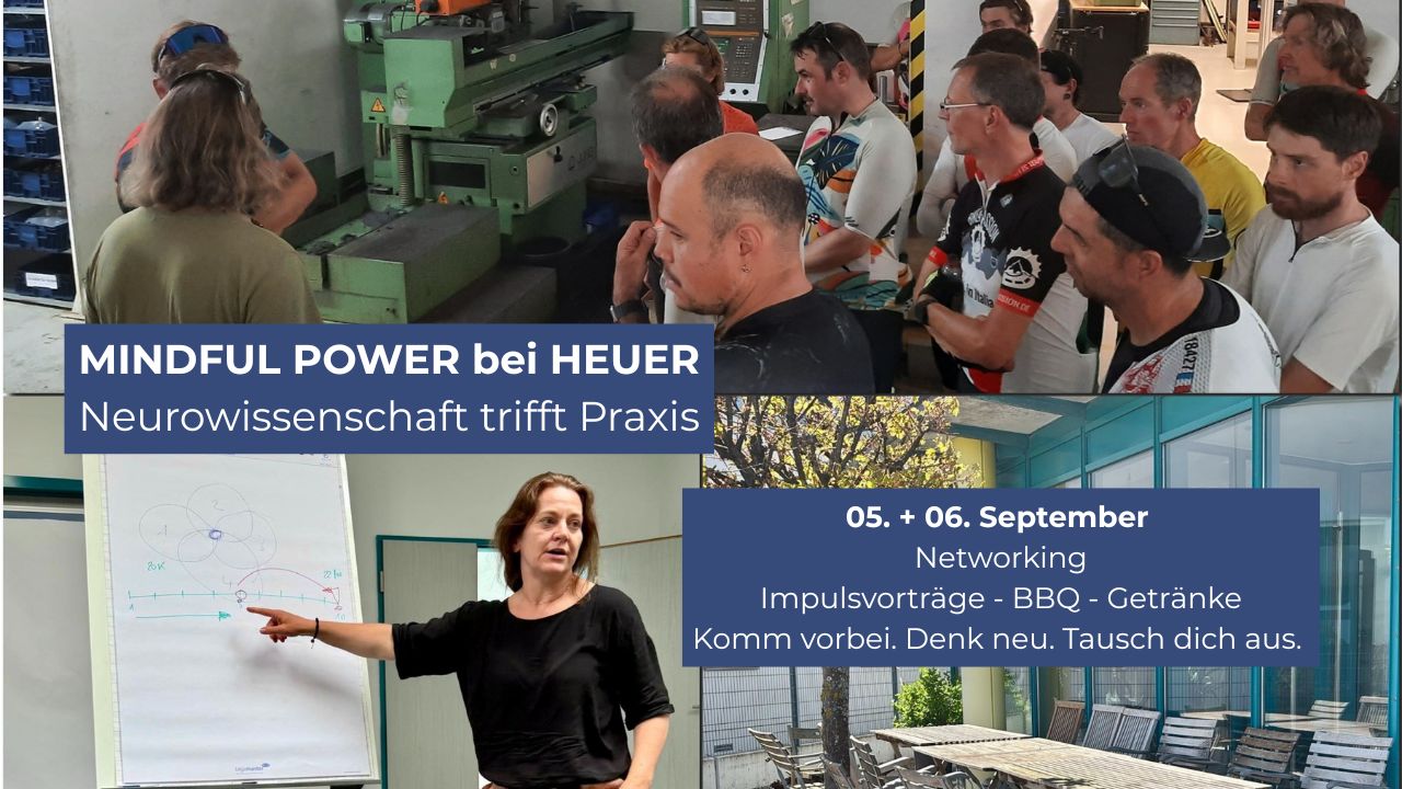 Event-Grafik für ‚MINDFUL POWER bei HEUER‘: Menschen in einer Werkhalle bei einer Maschinenführung, daneben Dorothee Conrad, die an einem Flipchart mit Diagramm erklärt. Darunter Infos zum Event am 5. und 6. September mit Networking, Impulsvorträgen, BBQ und Getränken. Logos von HEUER und MINDFUL POWER.
