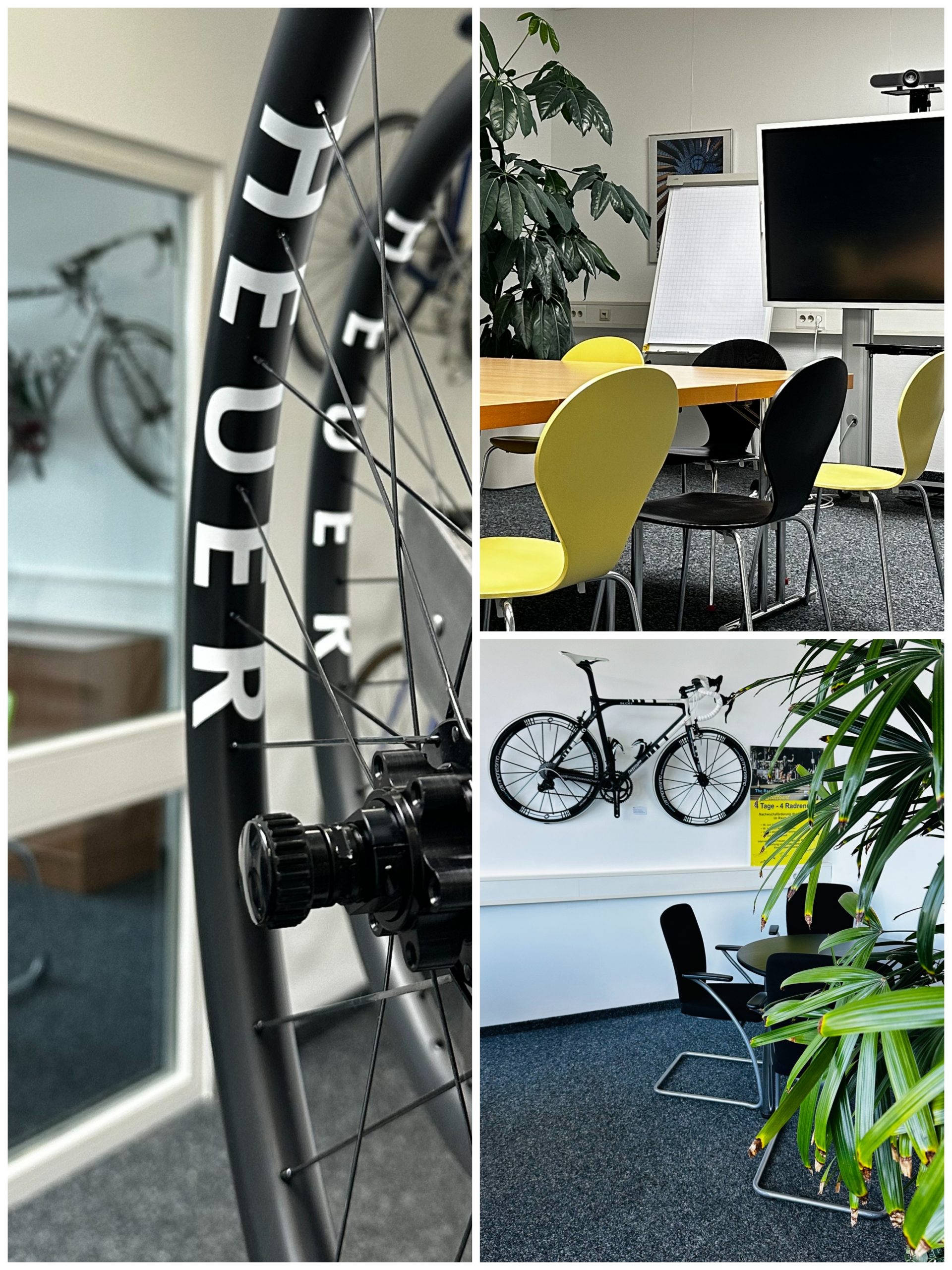 Moderner Konferenzraum im Go!Coworking Aichwald mit großem Holztisch, gelben Stühlen, Bildschirm mit Kamera, Flipchart und großer Pflanze im Hintergrund.