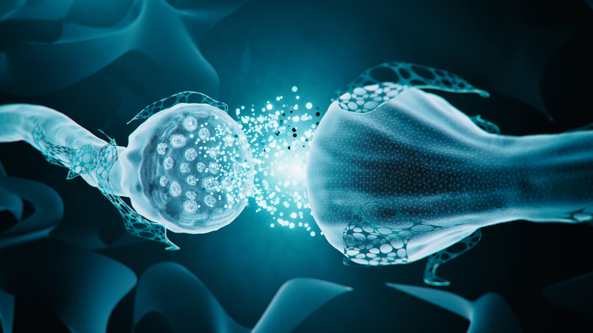 Digitale Illustration einer Synapse, die die Freisetzung von Neurotransmittern zwischen zwei Nervenzellen in leuchtendem Blau zeigt.